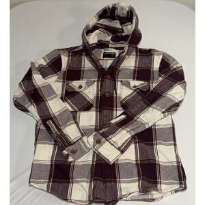 Express Men’s M Hooded Plaid Flannel Burgundy Cream Cozy Layer Streetwear Casual